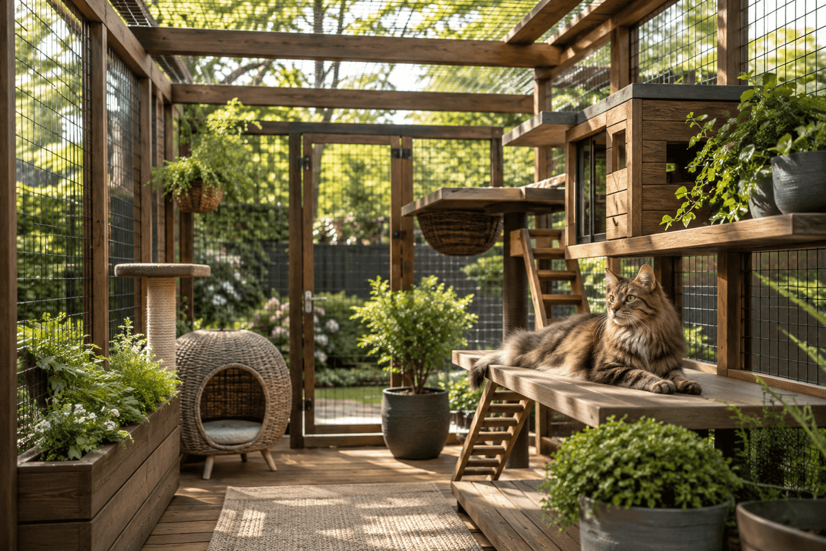 Cat resting on a wooden platform inside an outdoor mesh catio with a raised cat house, ramps and plants.