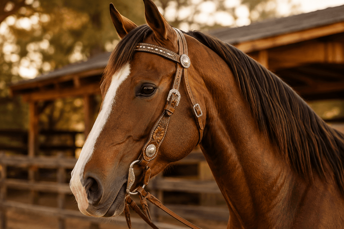 Dark leather horse headstall with colorful geometric stitching and tooled tan details on straps.