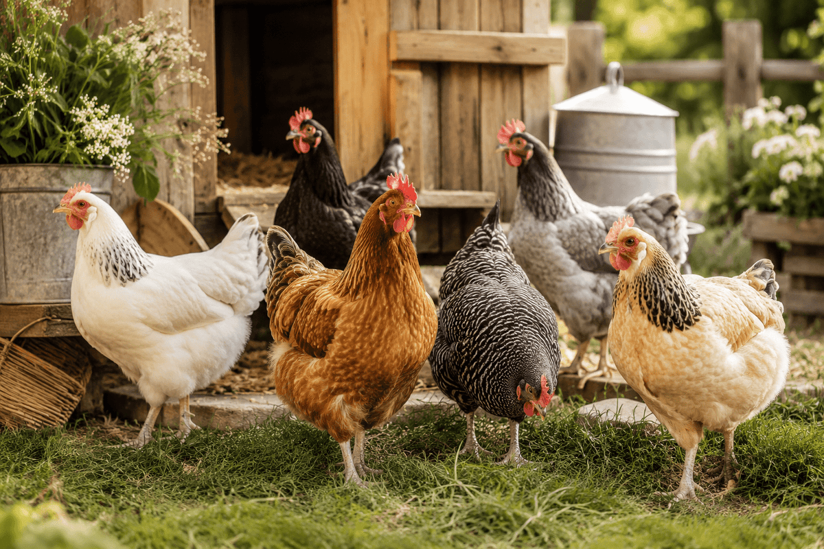 Four chickens perched inside a grey wooden coop with nesting compartments and scattered feed below.