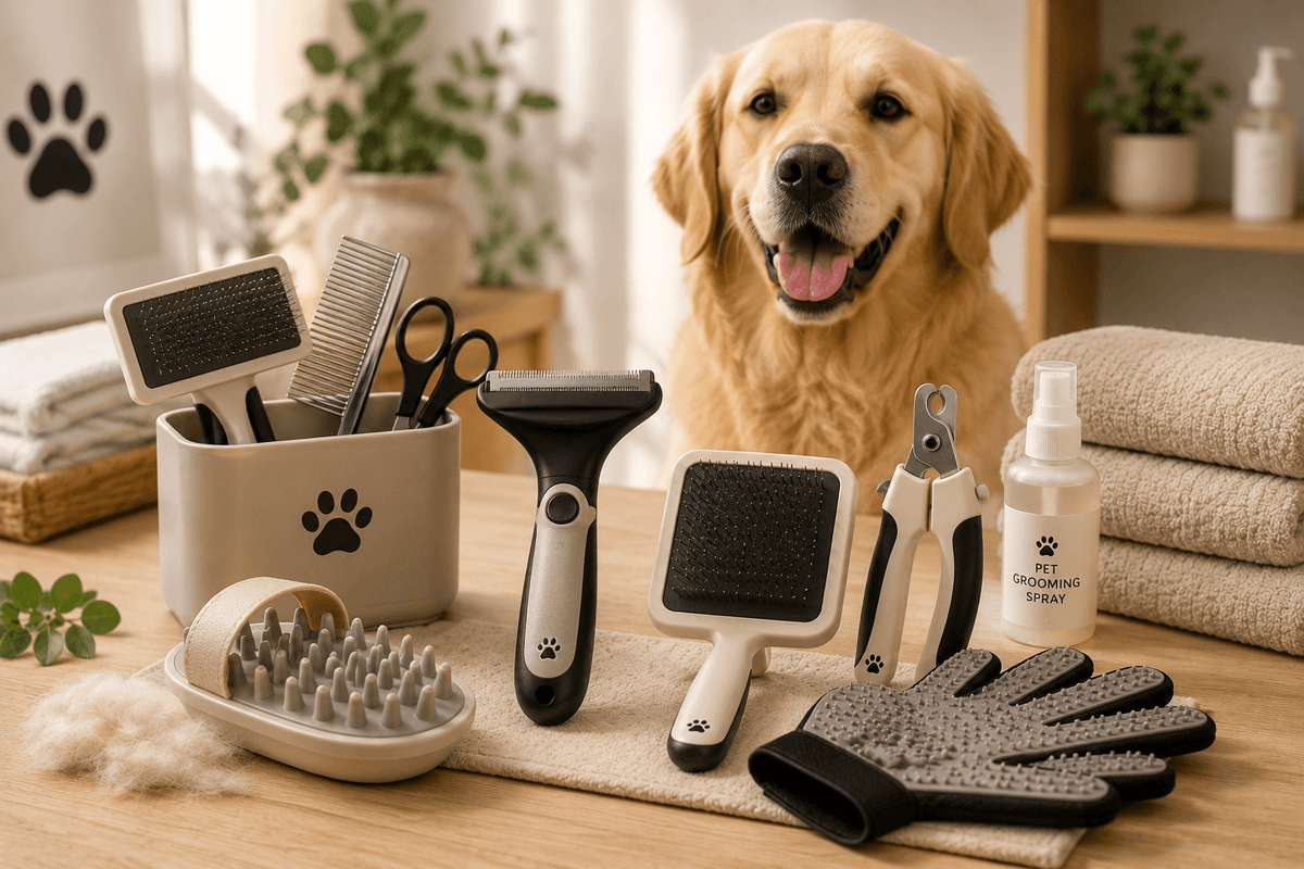 Grey grooming brush with soft orange silicone bristles and ergonomic hand loop handle.