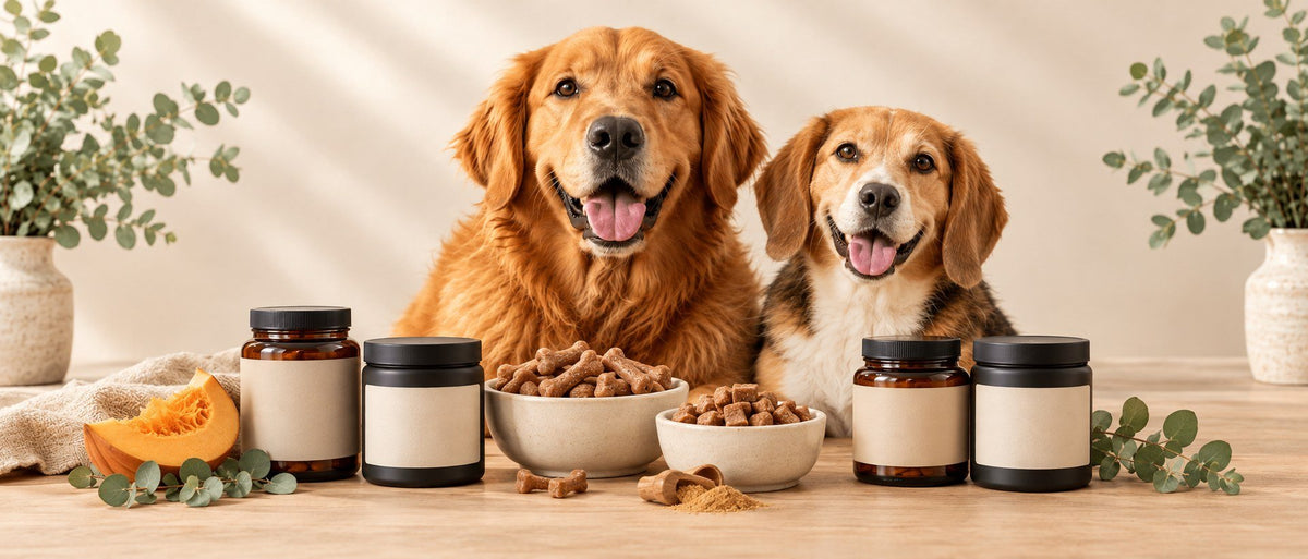 Golden retriever and beagle mix with dog vitamin jars and soft chews
