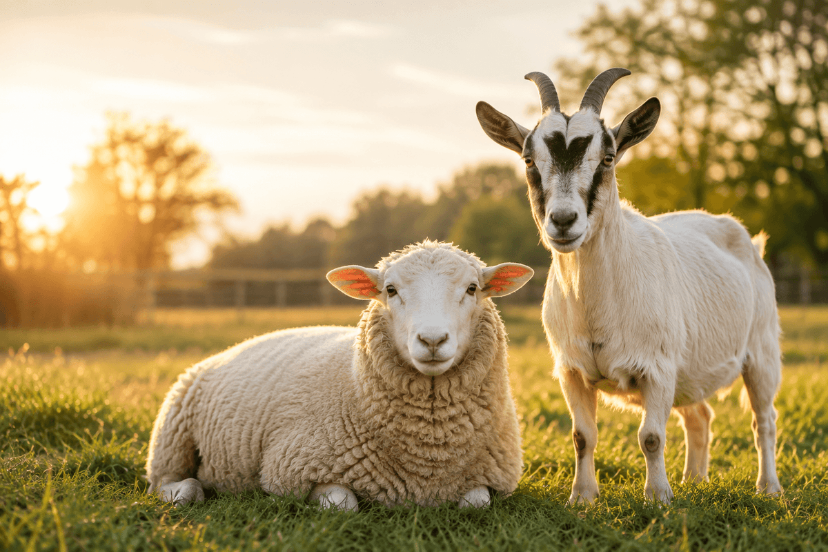 White goat with curved horns standing in a lush green pasture during golden hour sunlight