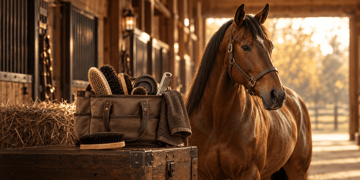 Bay horse in a sunlit barn aisle beside a grooming tote filled with brushes and a mane comb