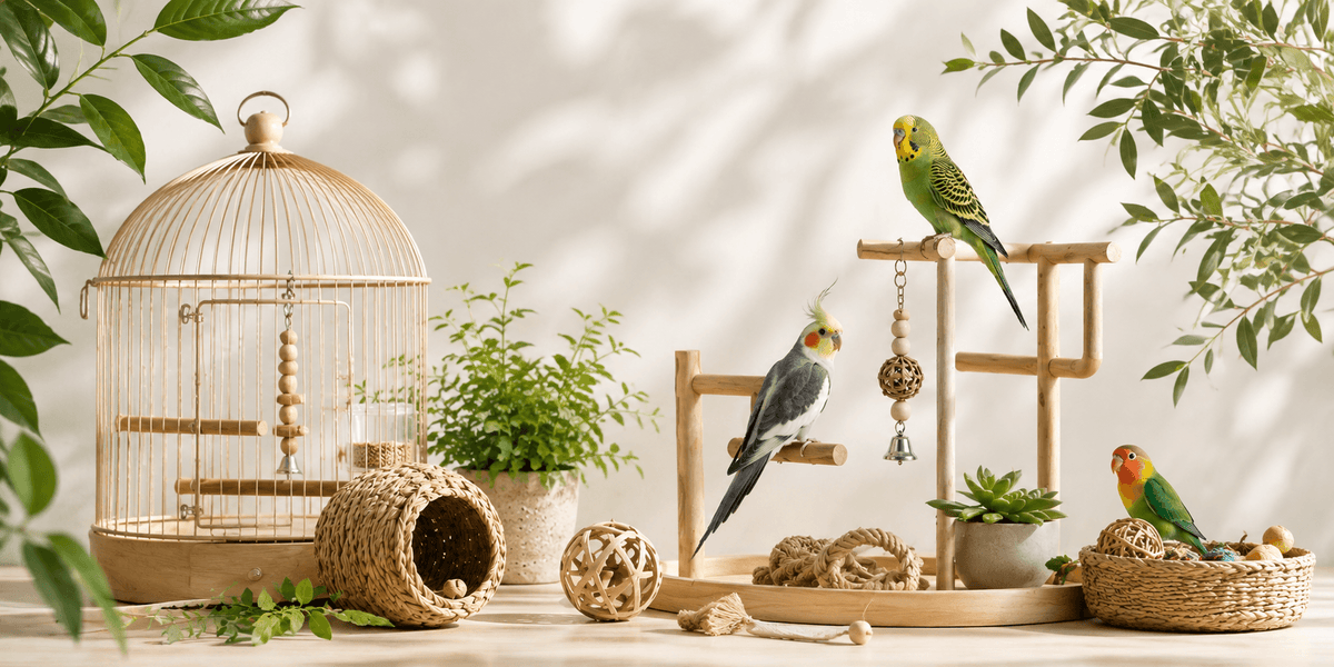 Colorful parrots perched on branches in a lush jungle setting for Pet Paradise avian collection.
