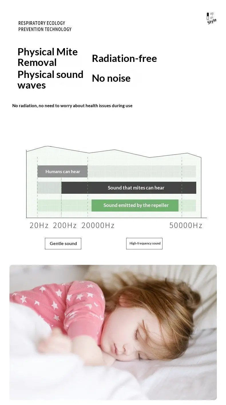 Ultrasonic Mite & Mosquito Repeller for Pets by Pet Zen product page with charts and a sleeping child.