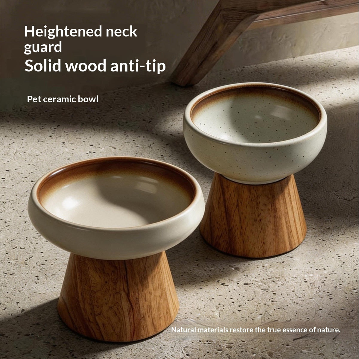 Two ceramic pet bowls on wooden bases