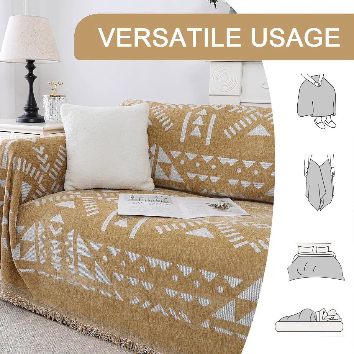 Premium couch cover blanket by topspet in camel with white geometric pattern on sofa