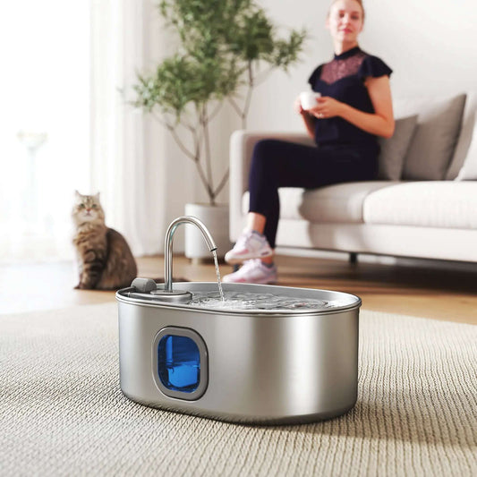 Stainless steel cat water fountain, 7L with blue reservoir window and ultra-quiet pump