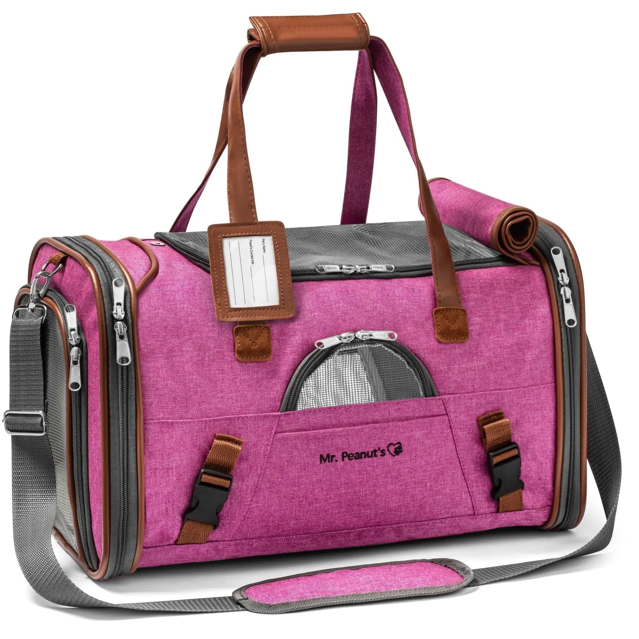 Mr. Peanut's Gold Series V2.0 Pet Carrier, pink fabric with brown faux leather trim, air travel approved
