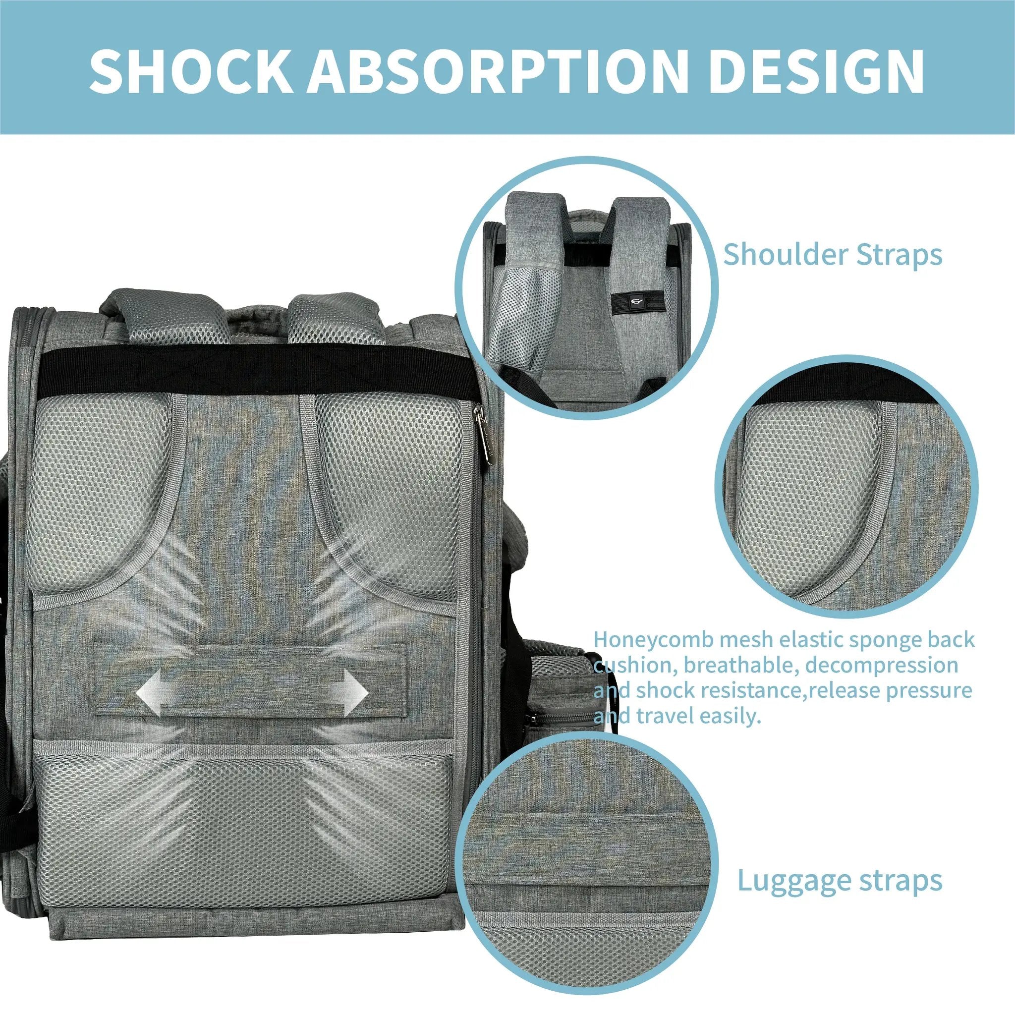Mr. Peanut's Aspen Series airline-compliant backpack pet carrier; grey fabric with breathable mesh, padded shoulder straps.