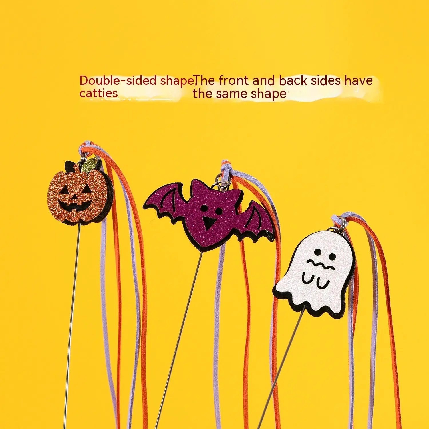 Pet Zen Halloween cat teaser sounding bell toy with glitter pumpkin, purple bat, ghost on sticks