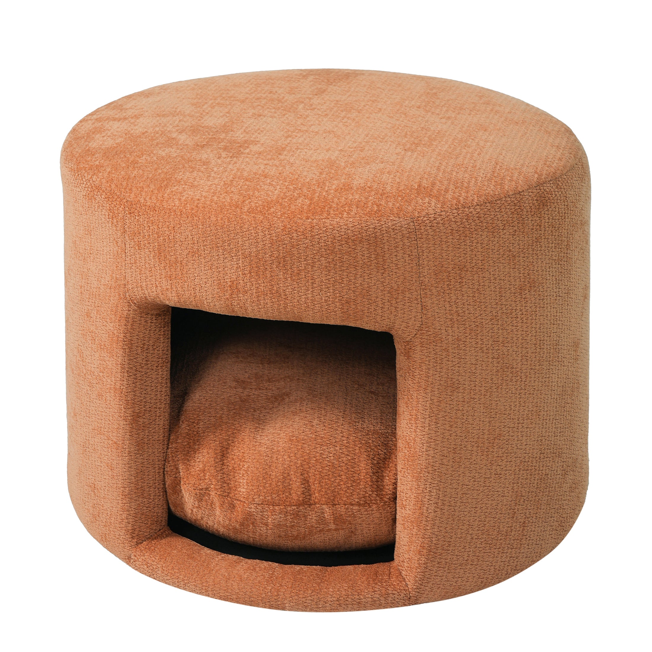 Orange pet-friendly ottoman with removable cushion, textured fabric.