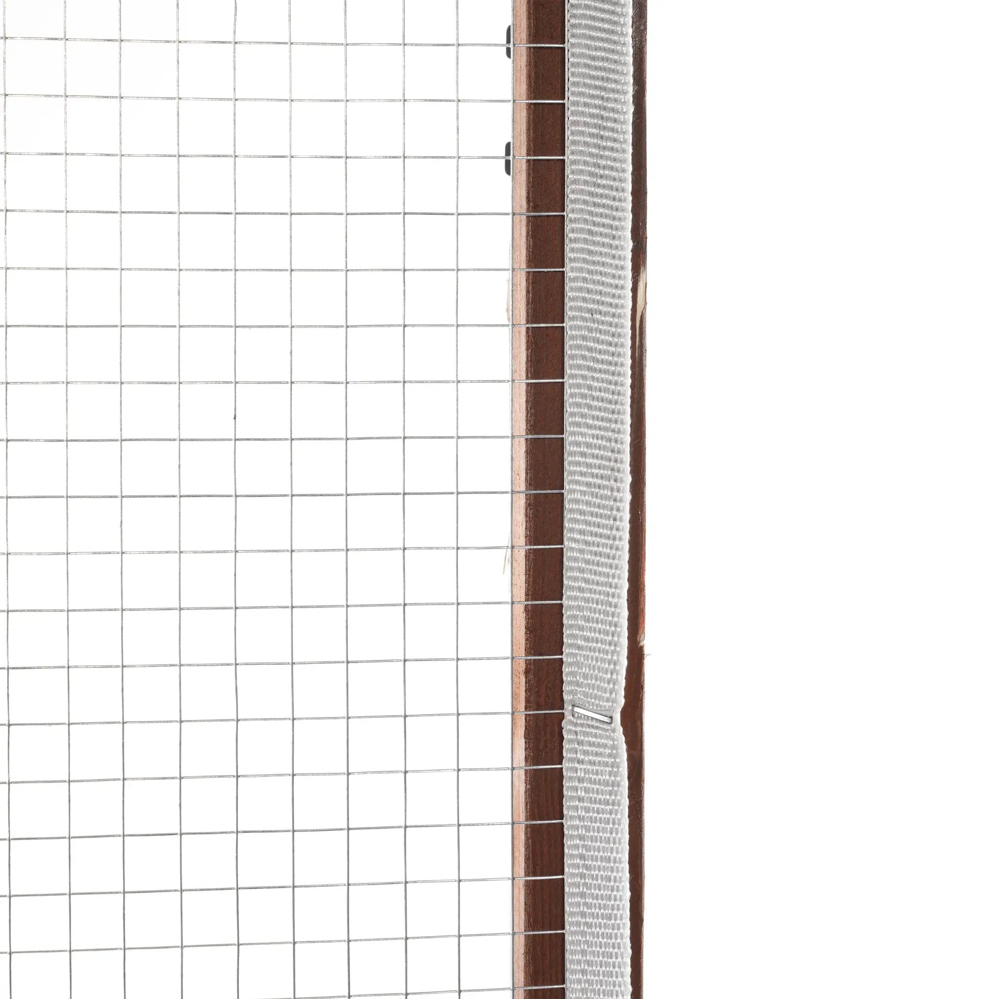 Outdoor wooden cat enclosure panel with brown frame and metal wire mesh
