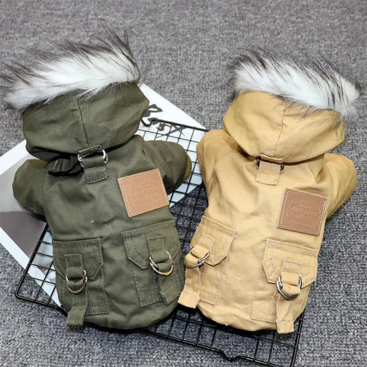Padded Dog Clothes Padded Coat For Small Dogs in army green and khaki with fur trim, perfect for keeping pets warm.