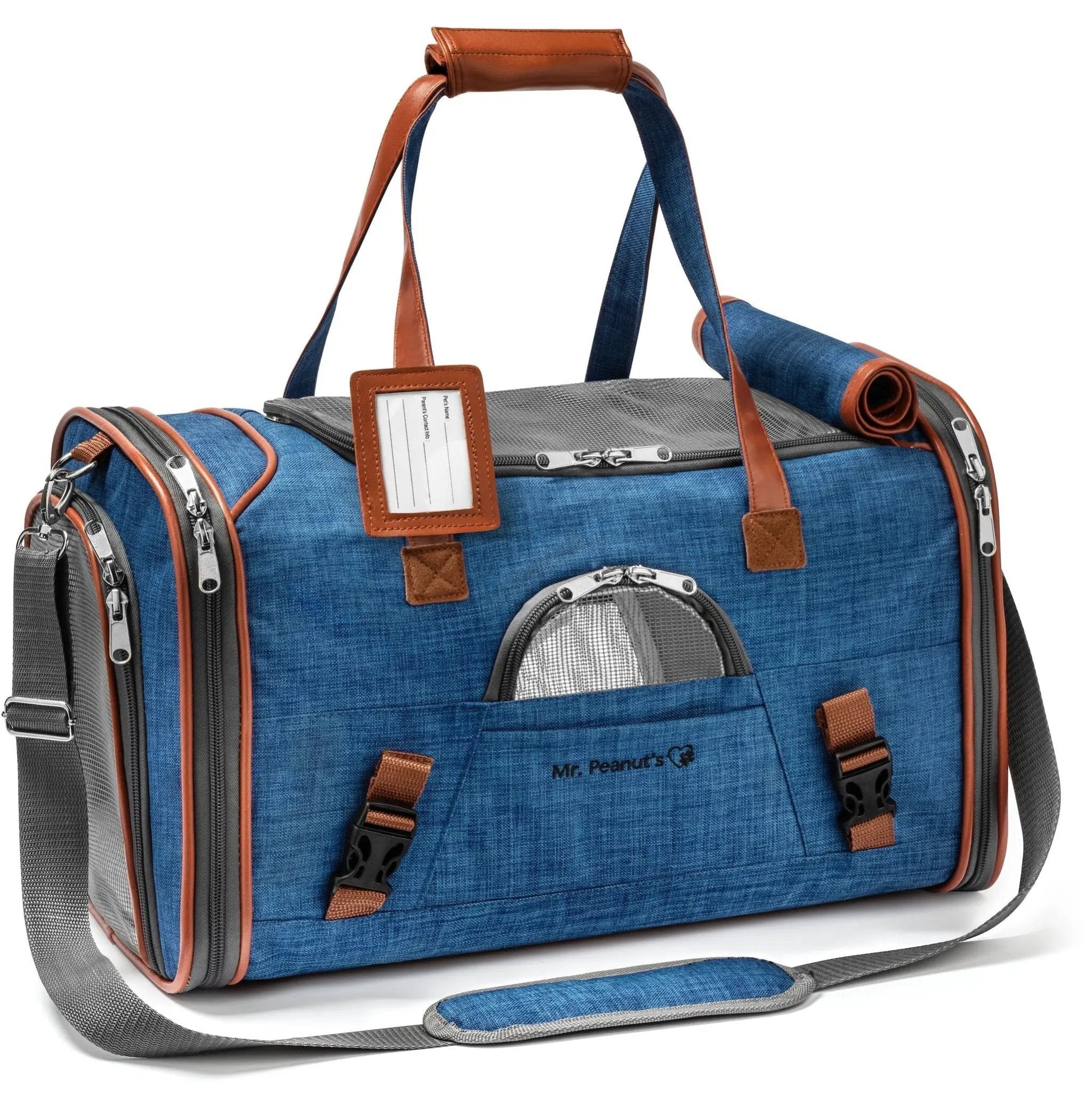 Mr. Peanut's Gold Series V2.0 Pet Carrier in blue denim with brown leather trim, air travel approved