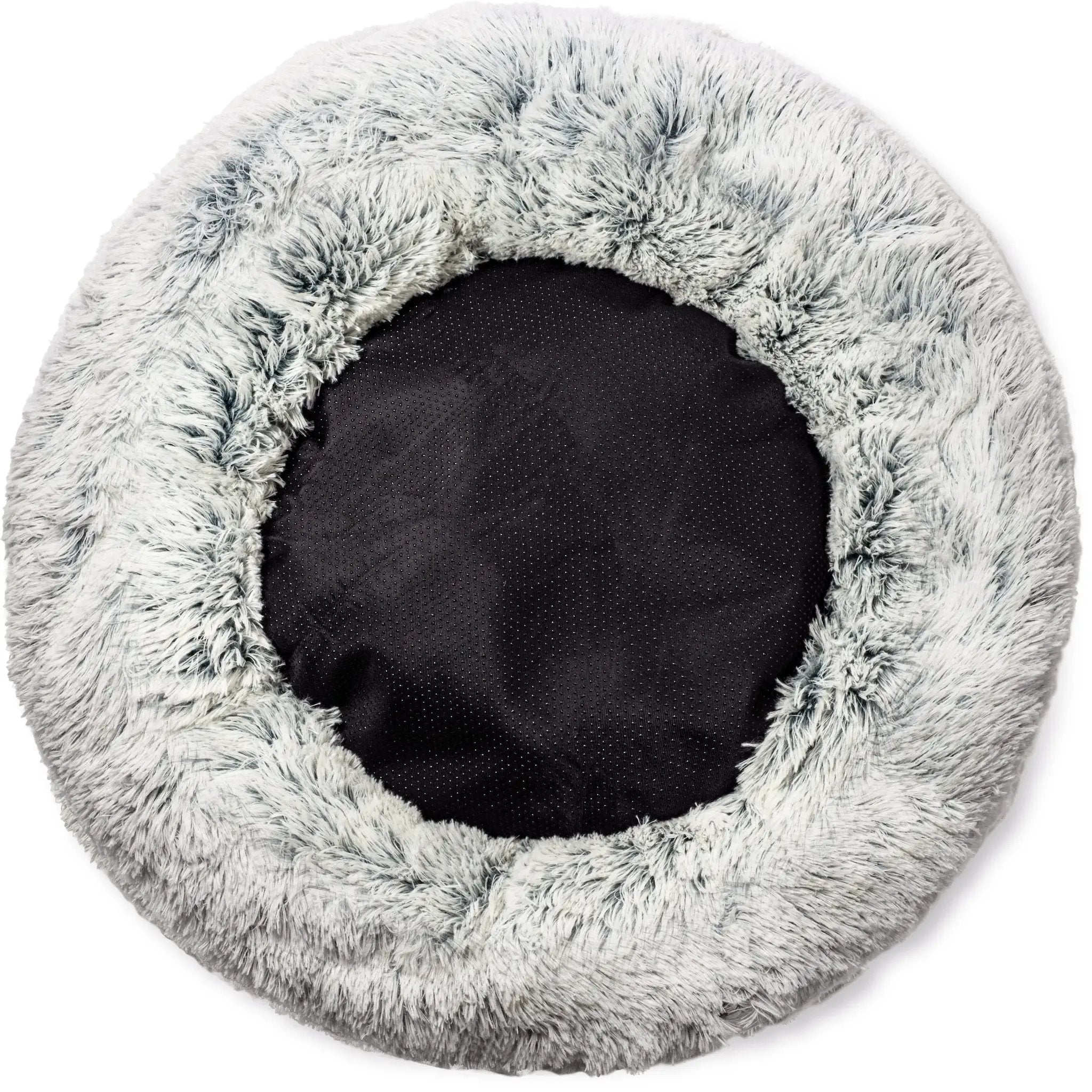 Mr. Peanut's OrthoPlush pet bed, donut style in gray two-tone with fluffy outer ring and dark inner cushion