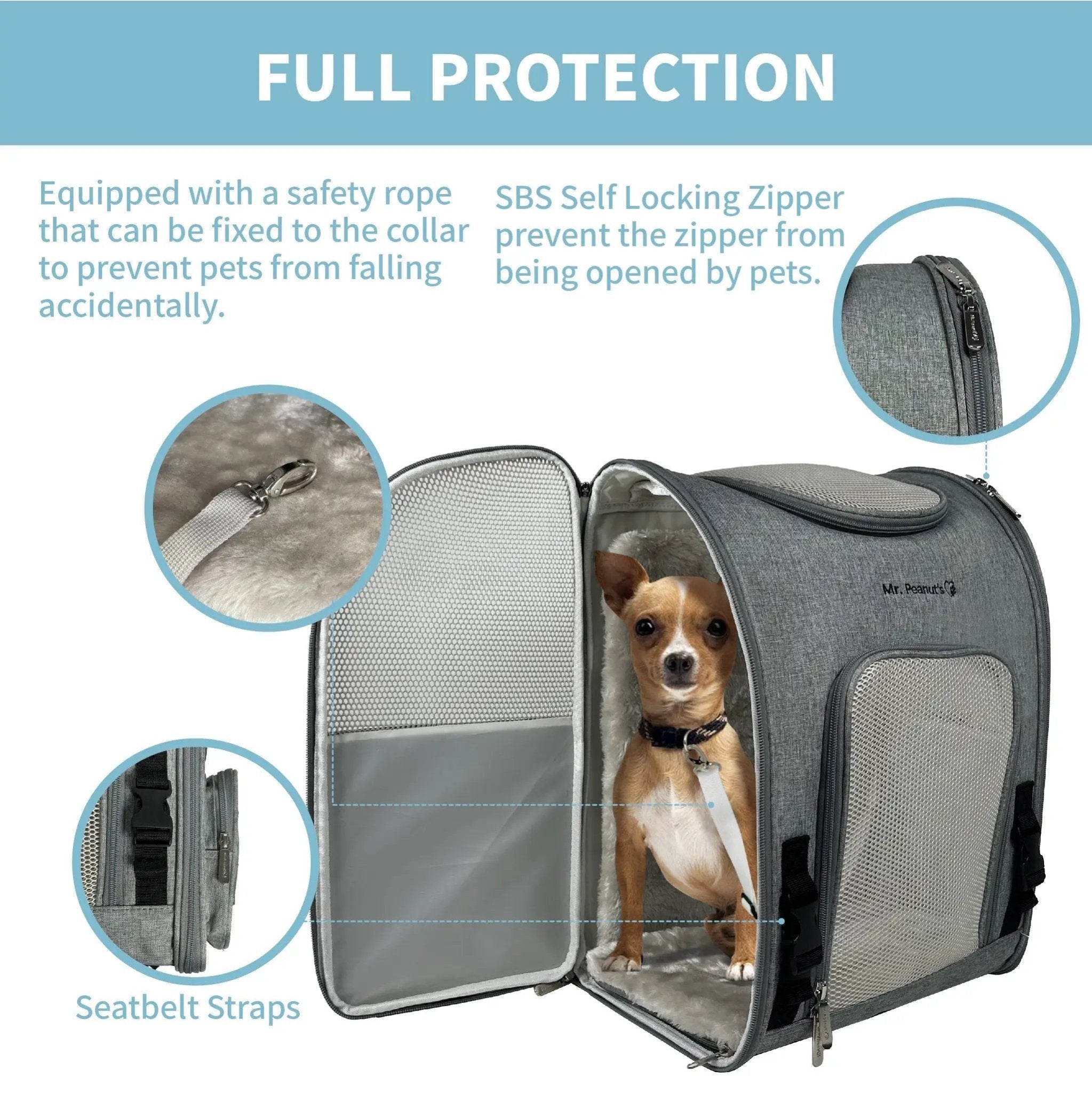 Mr. Peanut's Aspen Series airline-compliant backpack pet carrier, gray fabric with mesh panels.