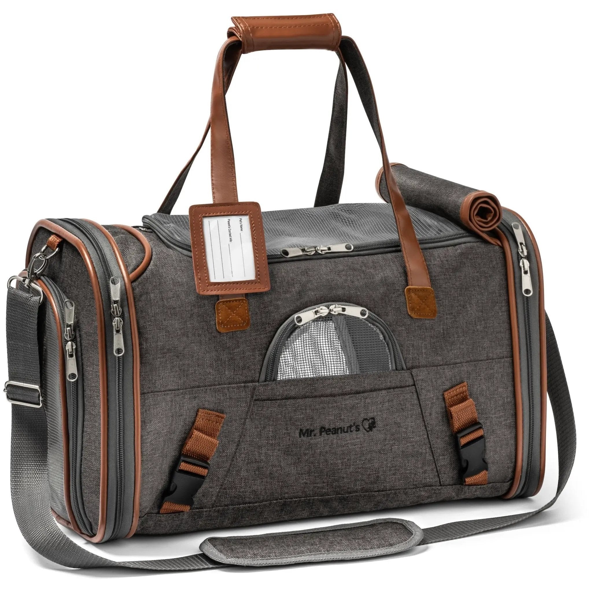 Mr. Peanut's Gold Series V2.0 pet carrier, gray fabric with brown leather trim, air travel approved