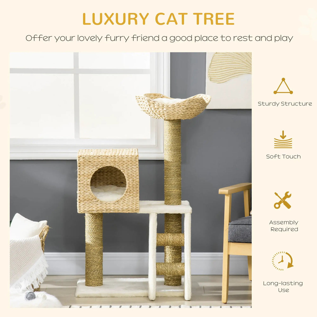 Pear Daisy cattail-weave cat tree for indoor cats; natural rattan, multi-level with cubby.