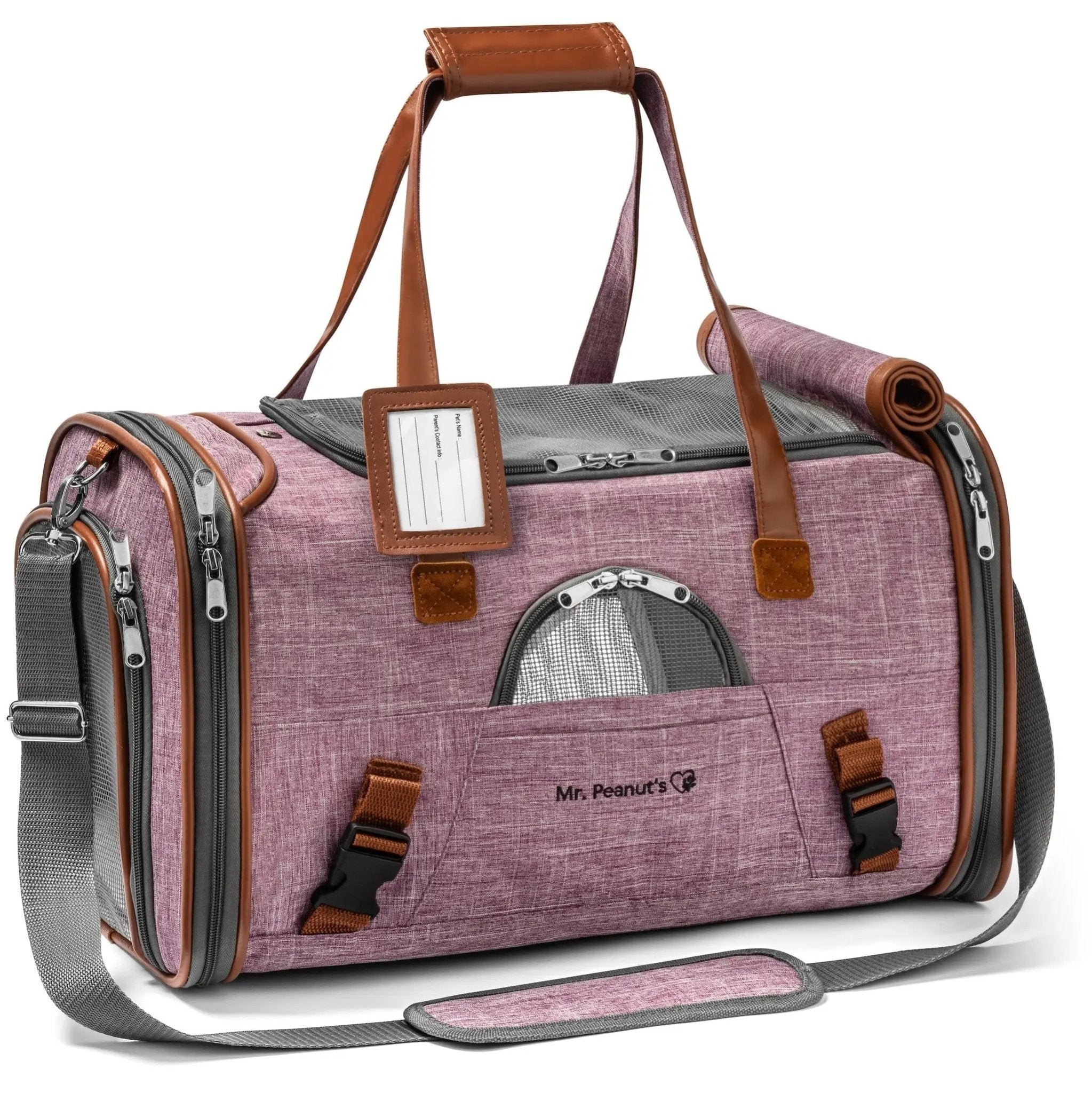 Mr. Peanut's Gold Series V2.0 Pet Carrier, pink fabric with brown leather trim, airline-approved.