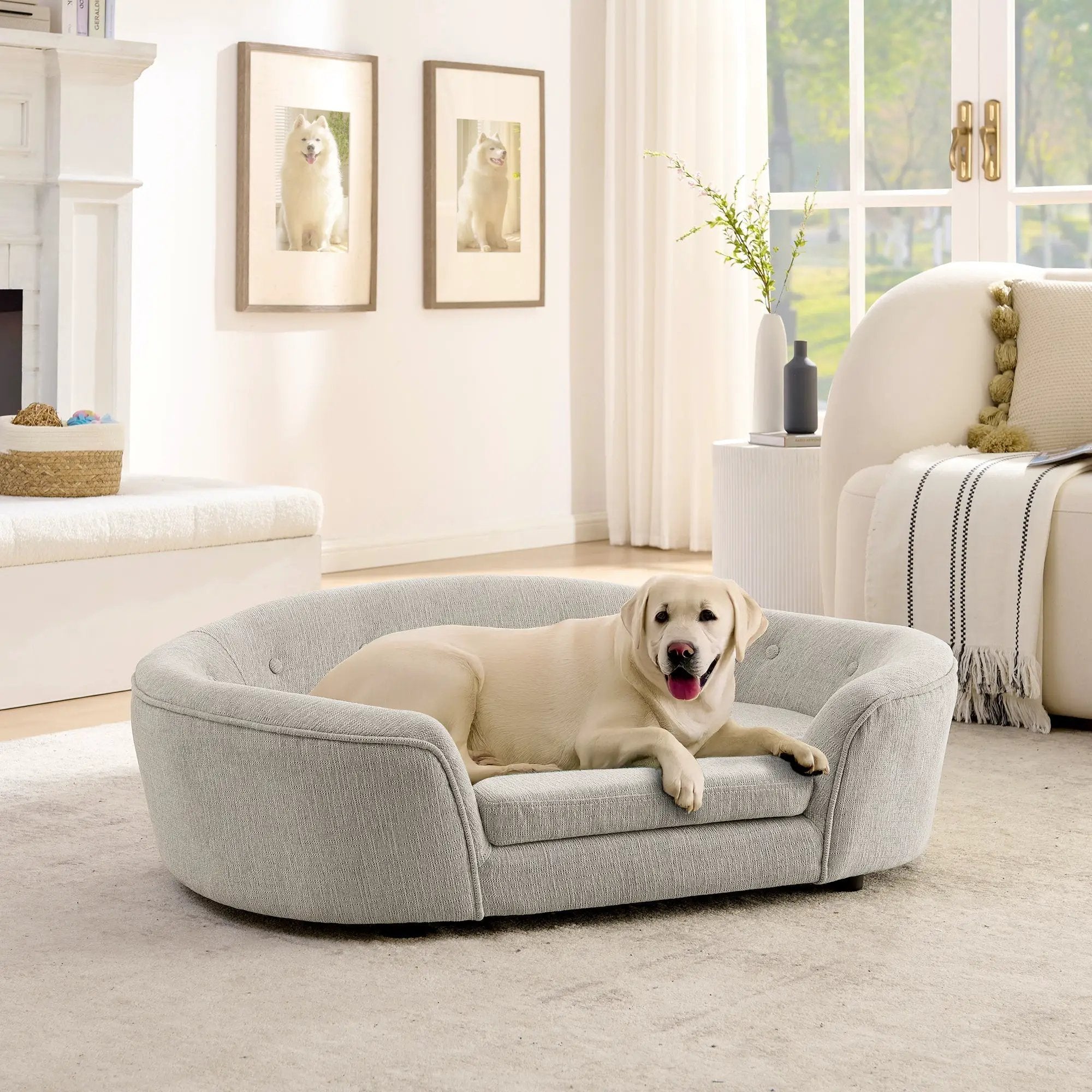 OVERSIZED Size Oval Semi-Enclosed Dog Sofa - Durable Linen Material, Button-Tufted Backrest, High-Center Low-Sides Support & Plush Comfort-Beige by HouseOfZazla