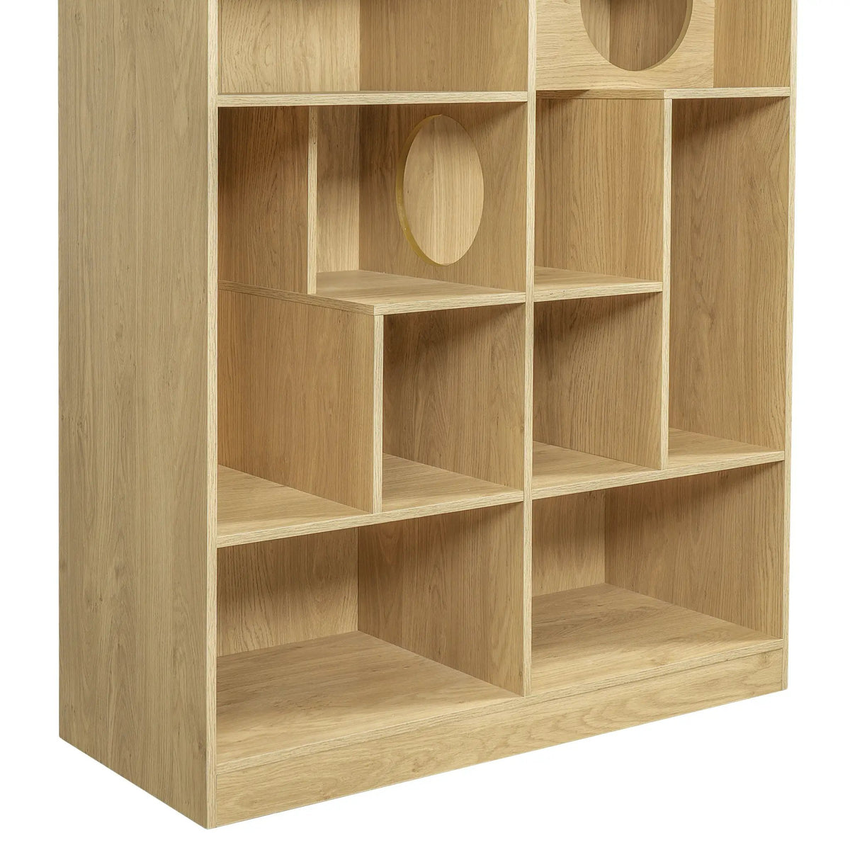 Cat house bookshelf cabinet by Sangria Beech; modern 2-in-1 wooden cat tree display shelf with round openings