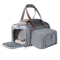 Load image into Gallery viewer, Mr. Peanut's Gold Series Expandable V3.0 pet carrier, air travel approved, gray/blue with brown straps and mesh panels.

