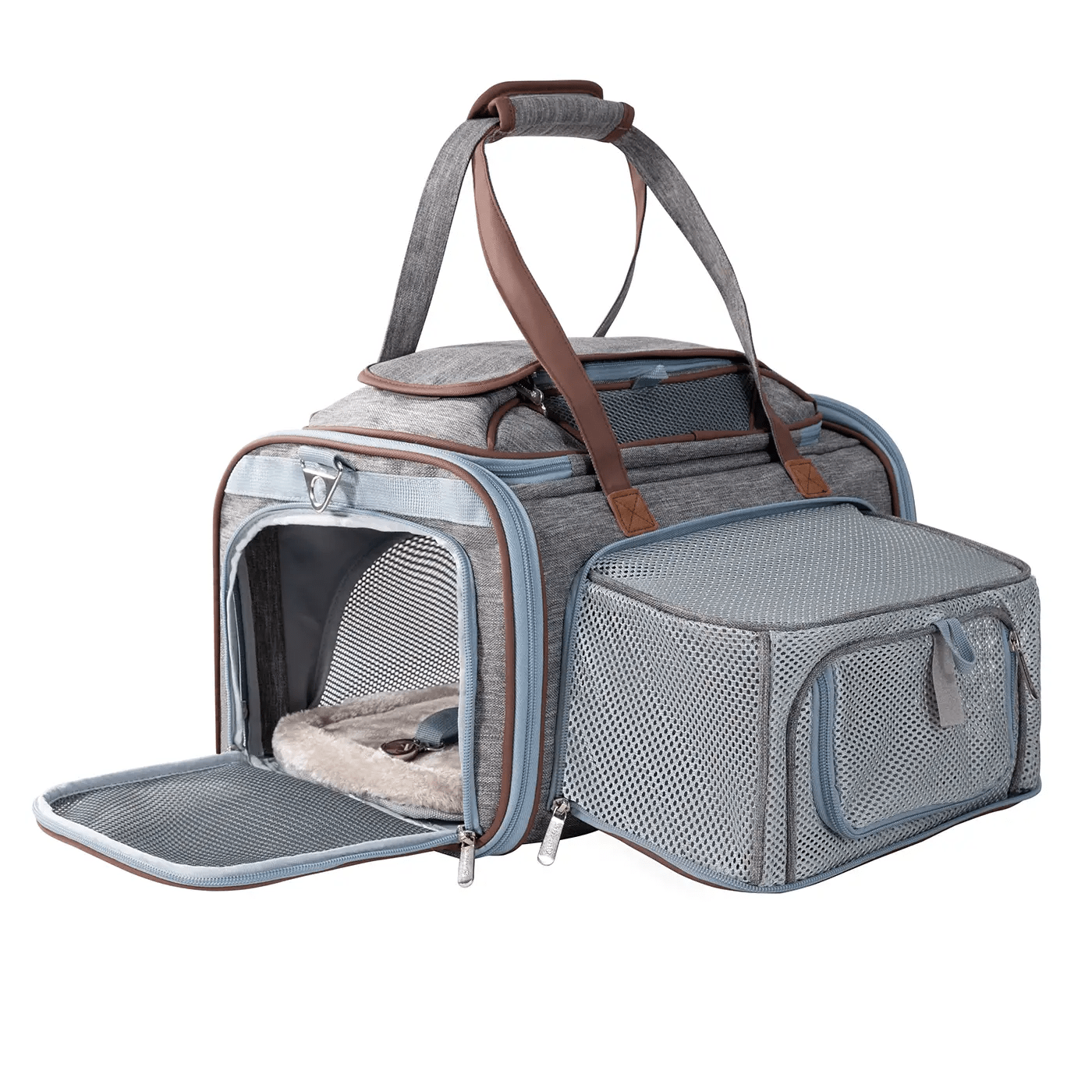 Mr. Peanut's Gold Series Expandable V3.0 pet carrier, air travel approved, gray/blue with brown straps and mesh panels.