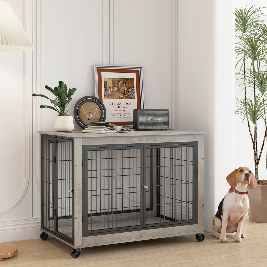 Rolling Wooden Dog Crate Table with Lift Top – Grey – photo 8