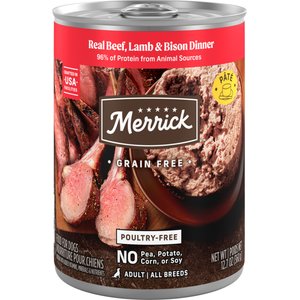 Merrick Real Beef Lamb and Bison Dinner can front
