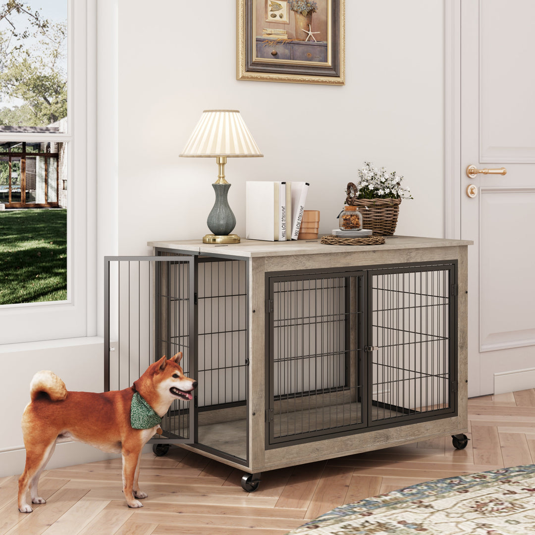 Rolling Wooden Dog Crate Table with Lift Top – Grey – photo 9