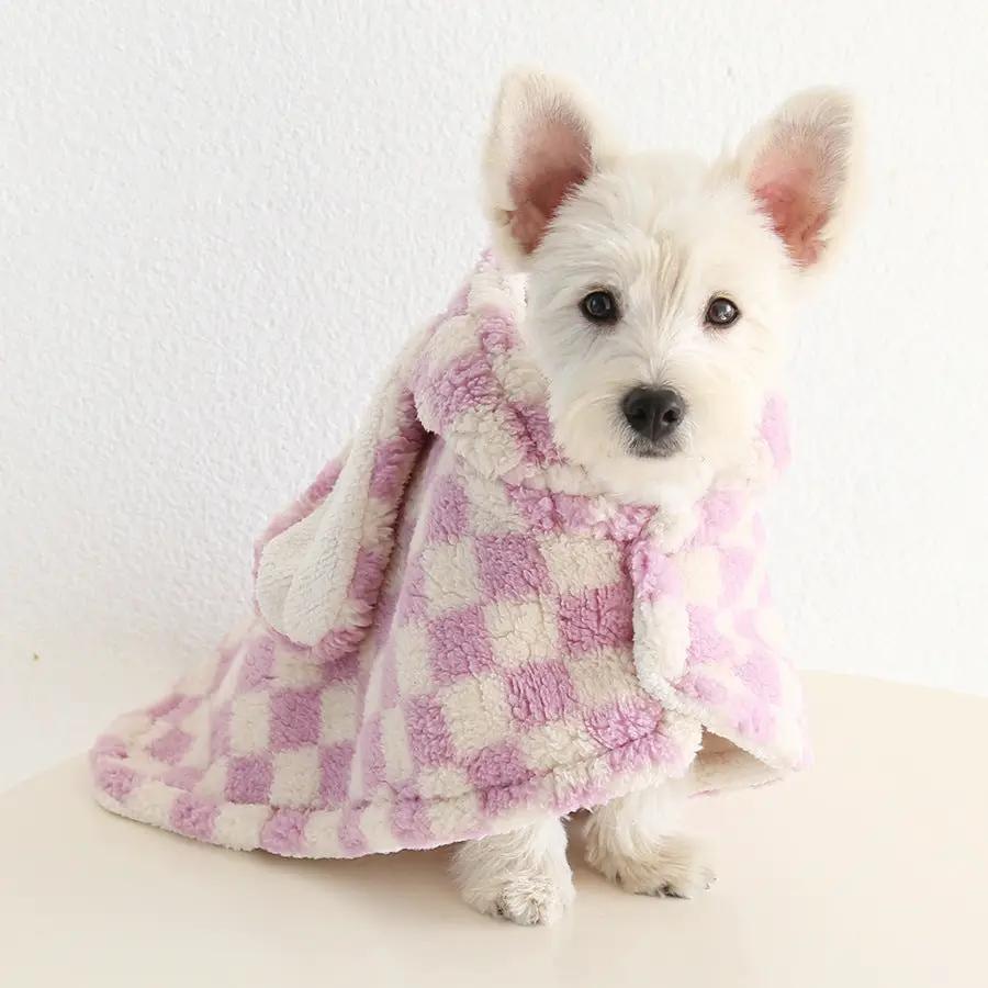 SOCKPET Small Dog Flannel Cape Towel in pink and cream checkered fleece