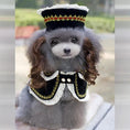 Load image into Gallery viewer, Dog Christmas pet costume: black velvet cape with white lace trim and gold piping, plus a matching hat.
