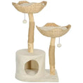 Bild in Galerie-Betrachter laden, PawHut Woven Nest Cat Tree in Cream White on a white background, with two woven basket beds, scratching posts, hanging balls, and a condo.
