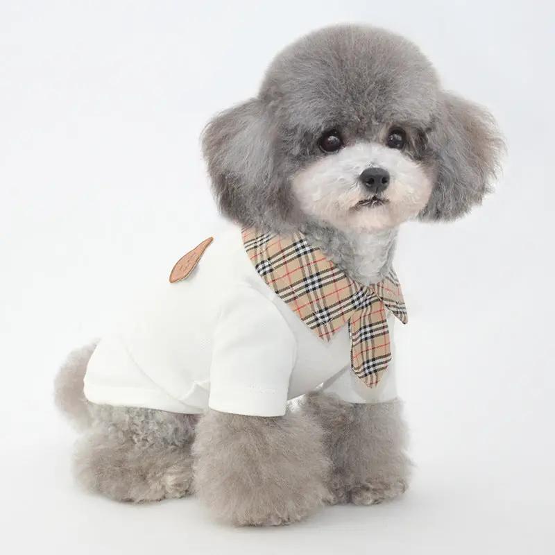 Dog clothes summer thin section small dog in white polo shirt with checkered collar on a cute dog.