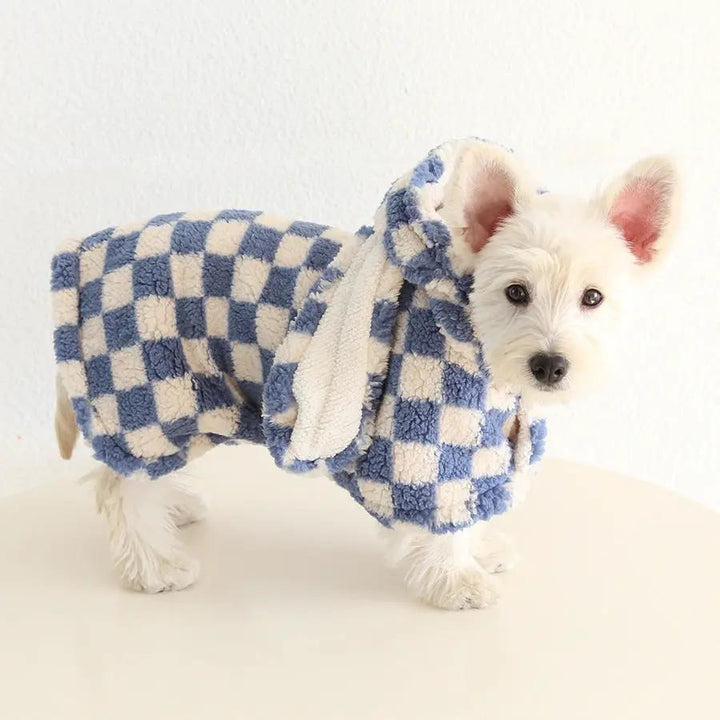 Small dog flannel cape towel by SOCKPET in blue and cream checker pattern
