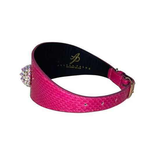 Fuchsia snakeskin wide collar with 3 Swarovski crystal rivets by Allysa Payne Beverly Hills