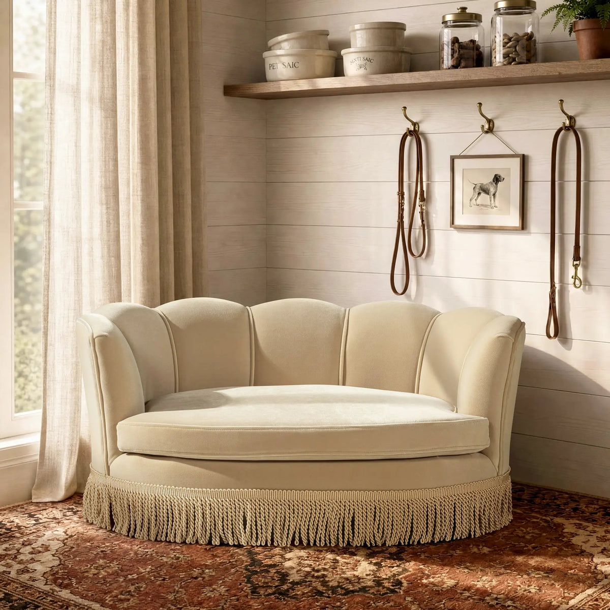 Clara 34.5-inch scalloped pet sofa bed in fawn with fringe trim.