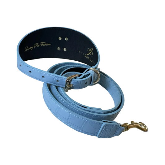 Del Mar Collar & Leash Set for dogs in blue faux leather with gold hardware by Allysa Payne Beverly Hills