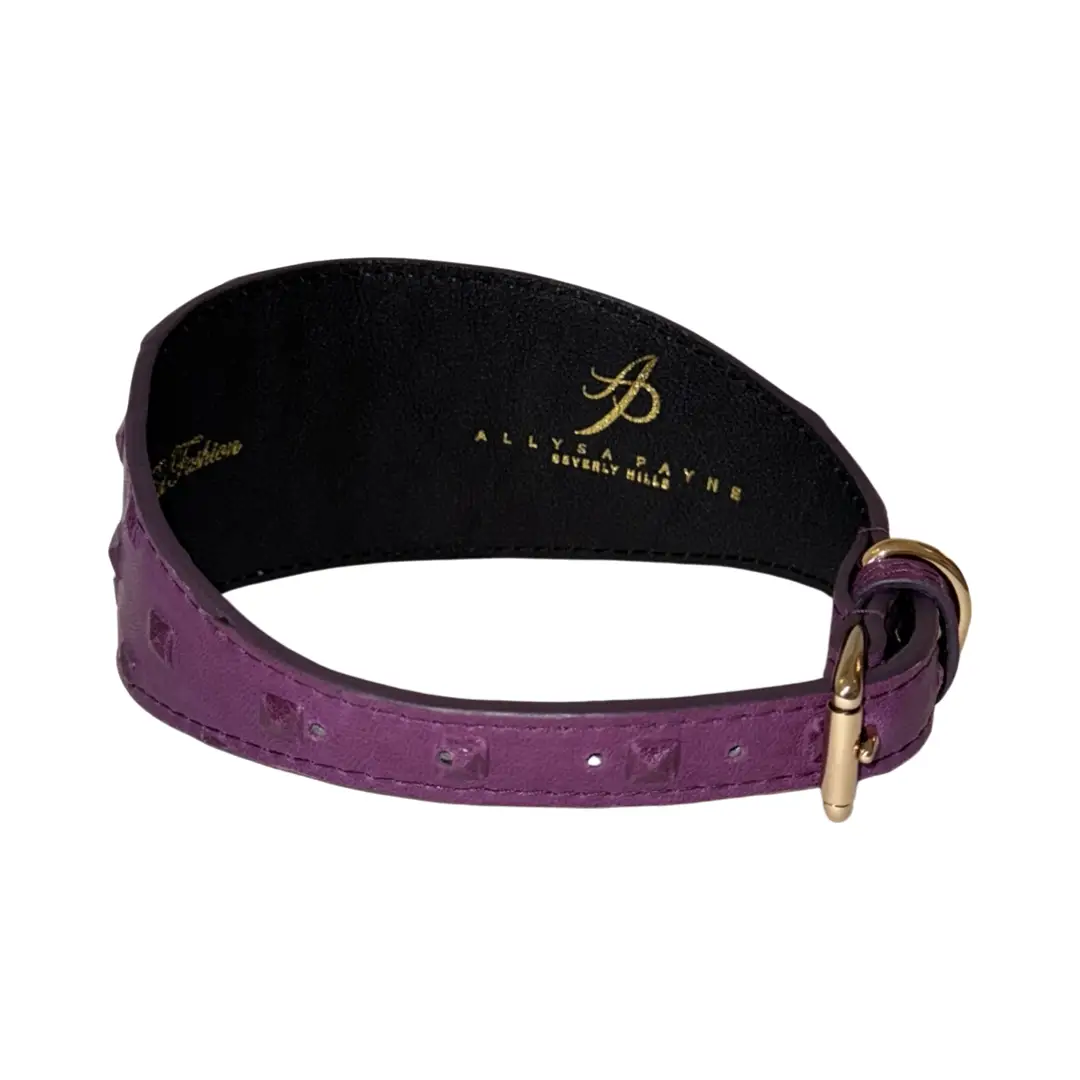 Glamorous Boysenberry embossed studded Italian leather 3-inch wide collar by Allysa Payne Beverly Hills