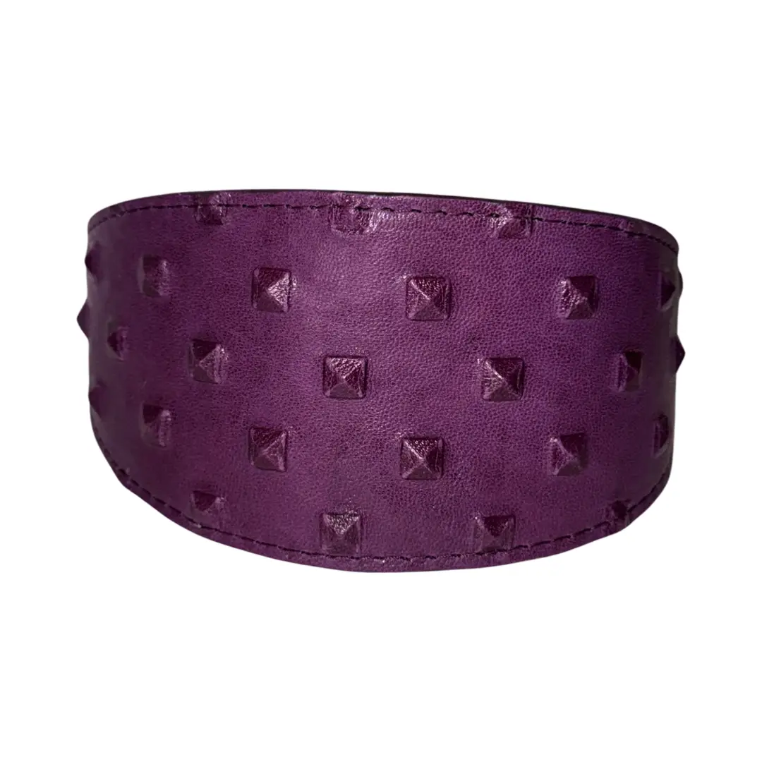 Glamorous Boysenberry embossed Italian leather 3-inch wide studded collar