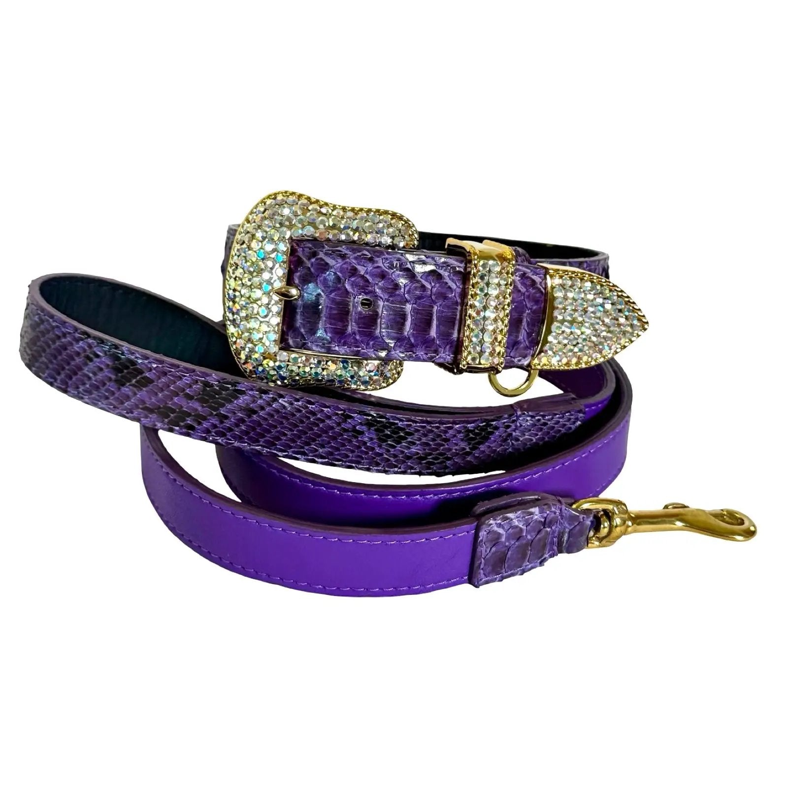 Amethyst Royale Python 2-piece dog collar set: purple python-embossed collar with rhinestone buckle and matching leash