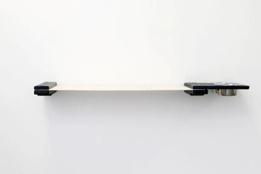 Dog Proof Cat Feeder - Wall-Mounted - Raised, wooden plank with black end brackets and metal bowl.