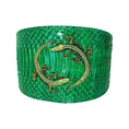 Load image into Gallery viewer, Emerald green snake-collar bracelet with double rhinestone alligator motif and reptile-scale texture
