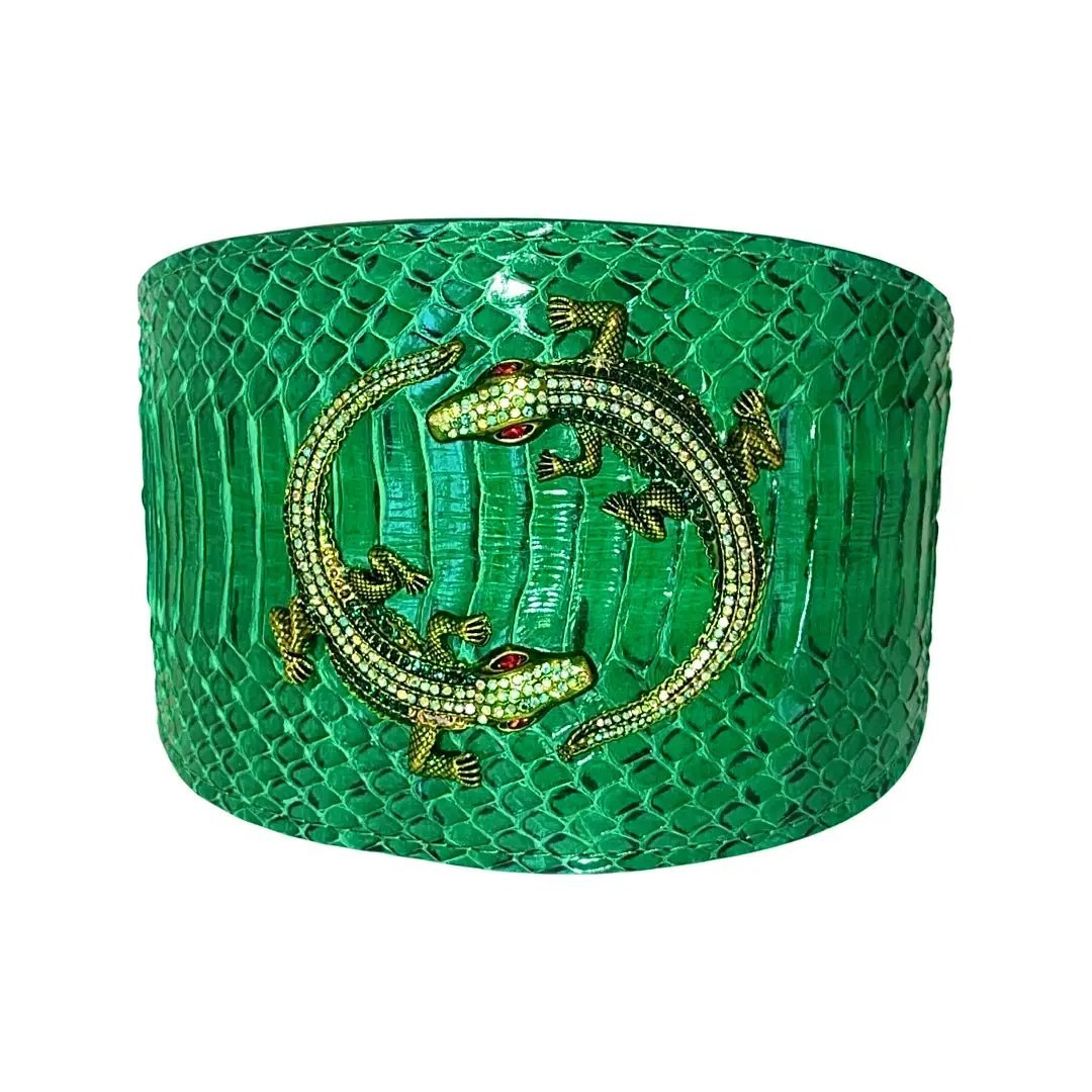 Emerald green snake-collar bracelet with double rhinestone alligator motif and reptile-scale texture