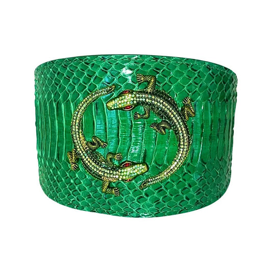 Emerald green snake-collar bracelet with double rhinestone alligator motif and reptile-scale texture
