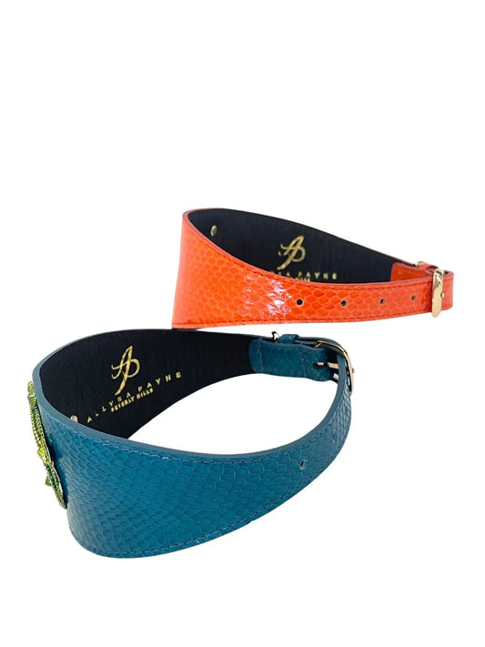 Alligator collar set of two by Allysa Payne Beverly Hills in orange and teal textured leather with gold hardware