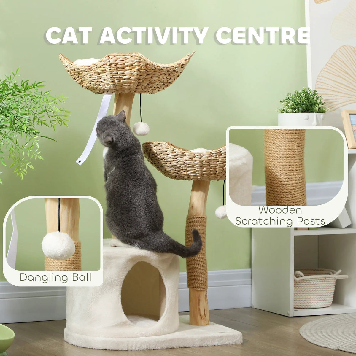 PawHut Woven Nest Cat Tree activity graphic with a cat on the condo roof and close-ups of a hanging ball and rope-wrapped post.