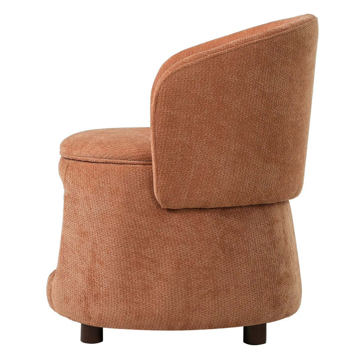 Chair, orange pet-friendly with hidden pet nook; textured upholstery, rounded back, wooden legs.