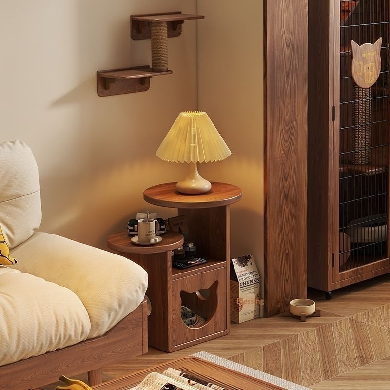 Tiered cat side table in a bedroom